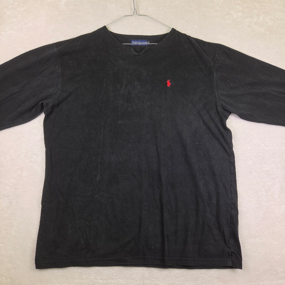 Ralph Lauren Mens XXL Black Long Sleeve Shirt Red Pony Logo Notched Crew Neck